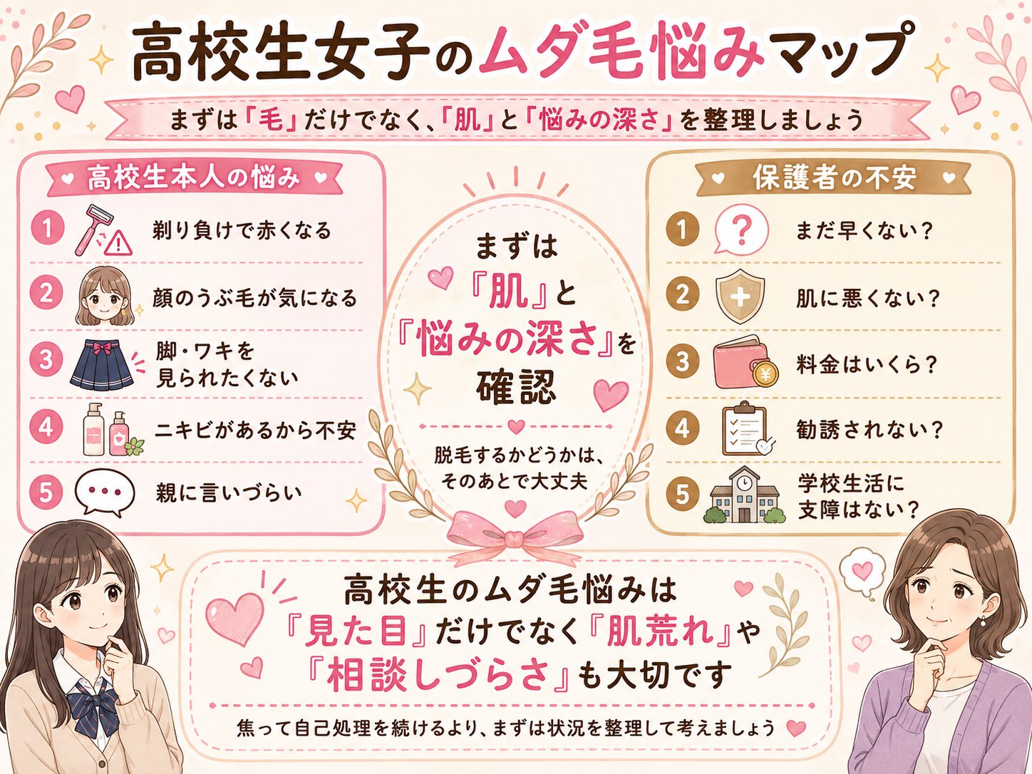 高校生女子のムダ毛悩みと保護者の不安を比較した図解