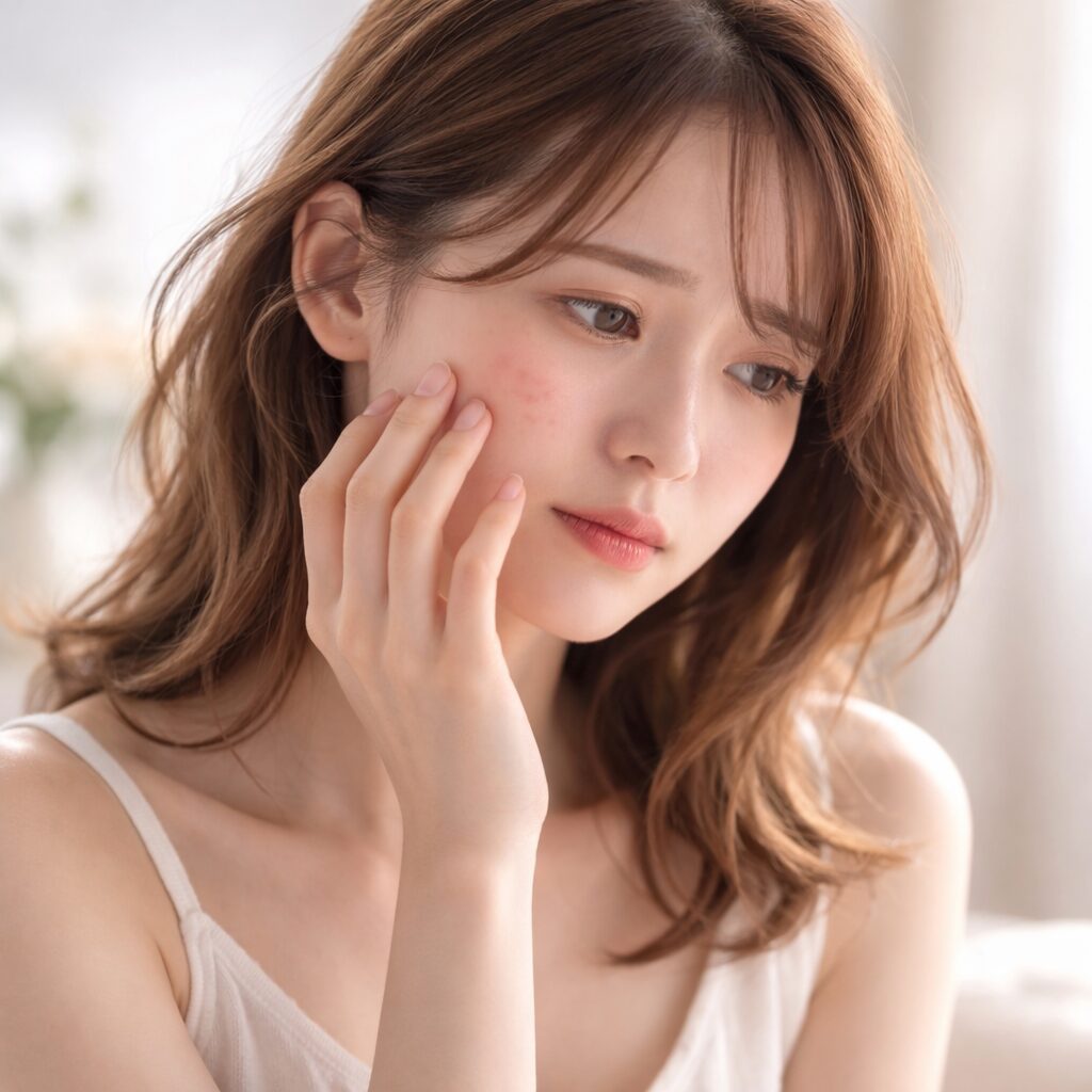 肌トラブルに悩む女性のイメージ。いわき市のエステサロンANGE Élyséeのフェイシャルケアイメージ