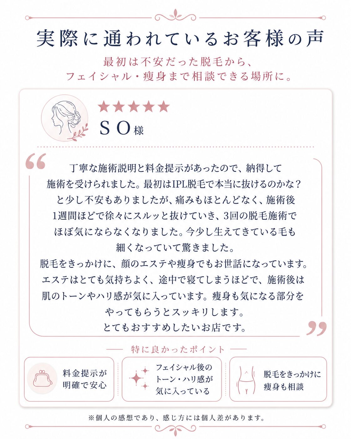 いわき市小名浜の女性専用サロンANGE Élyséeに通うSO様の口コミを紹介する画像。脱毛をきっかけにフェイシャルや痩身も相談でき、料金提示の明確さ、施術後の肌のトーンやハリ感、相談しやすさが伝わるレビューカード